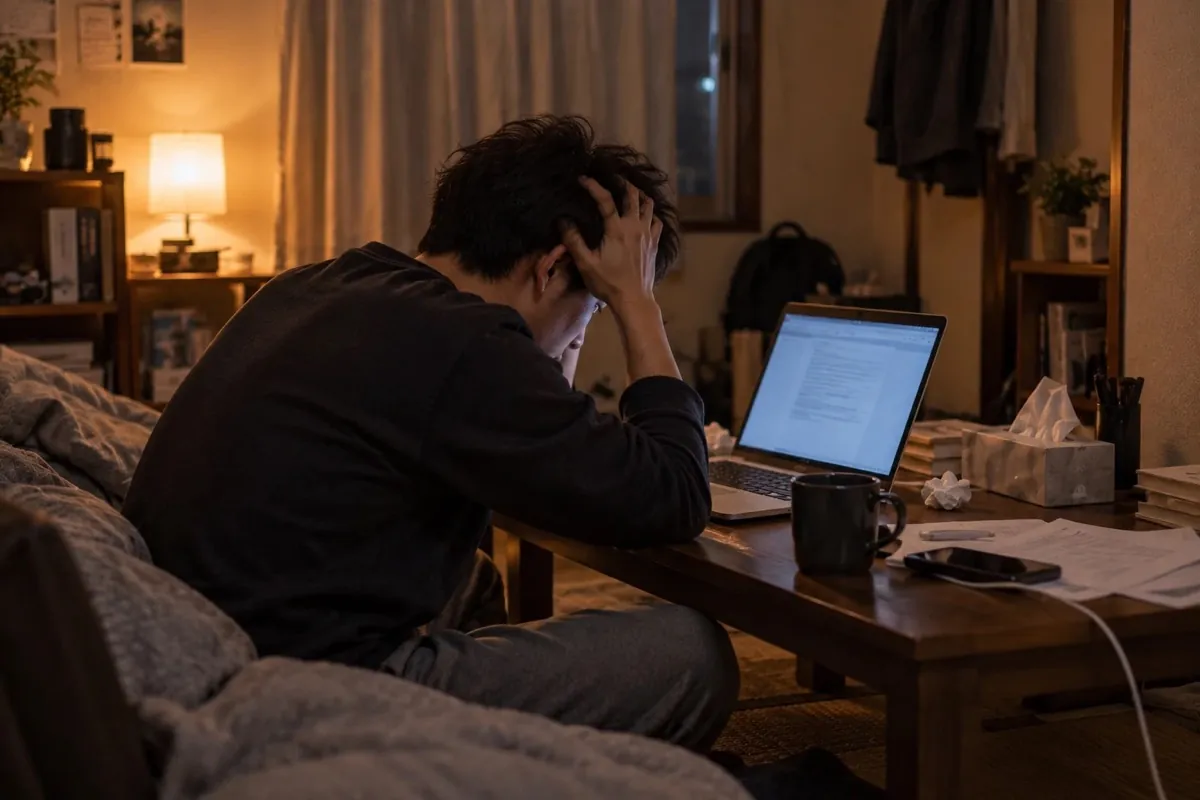 夜の部屋で、ノートパソコンの前で頭を抱える若い男性のイメージ