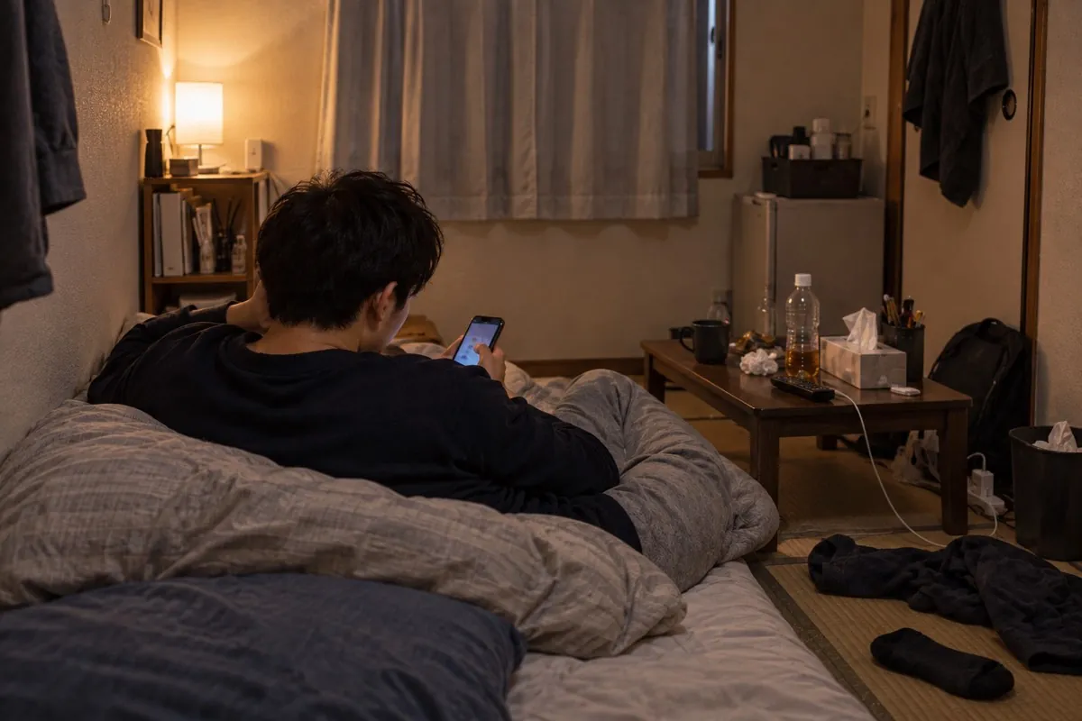 狭い部屋で布団に横になってスマホを見る若い男性のイメージ