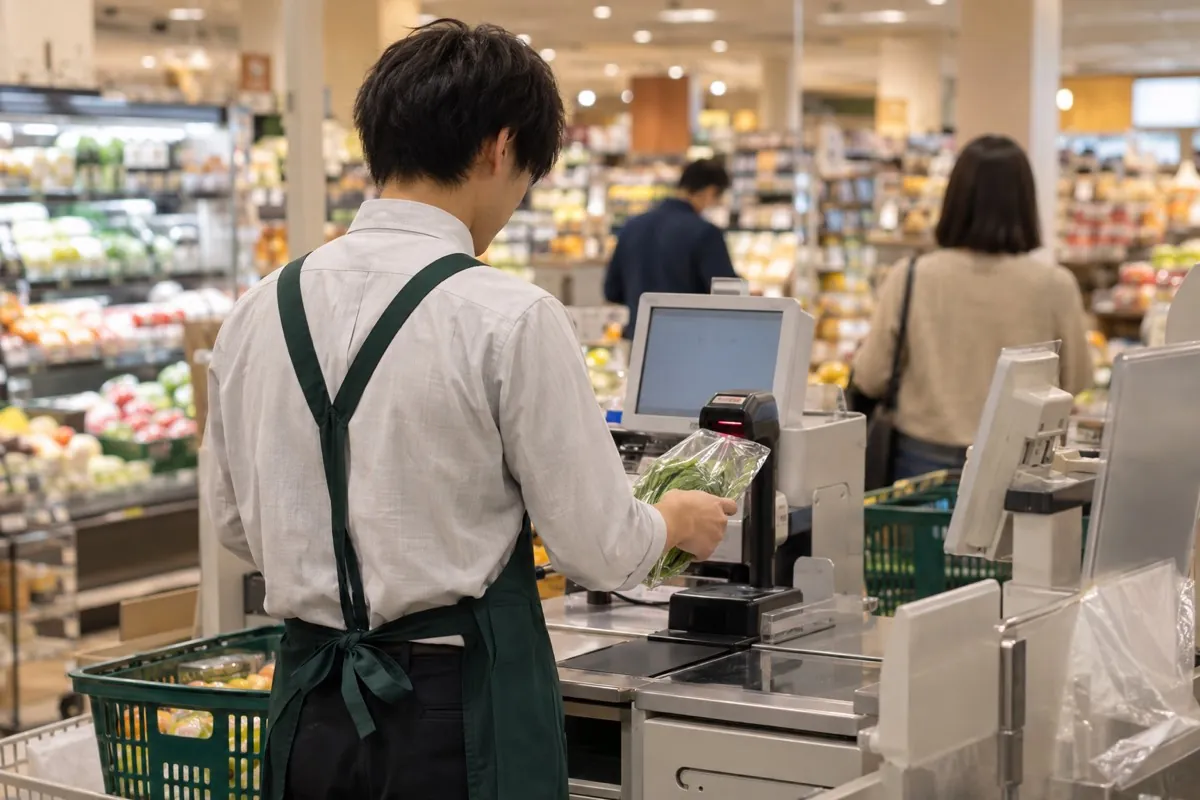 スーパーのレジで働く若い男性の後ろ姿のイメージ